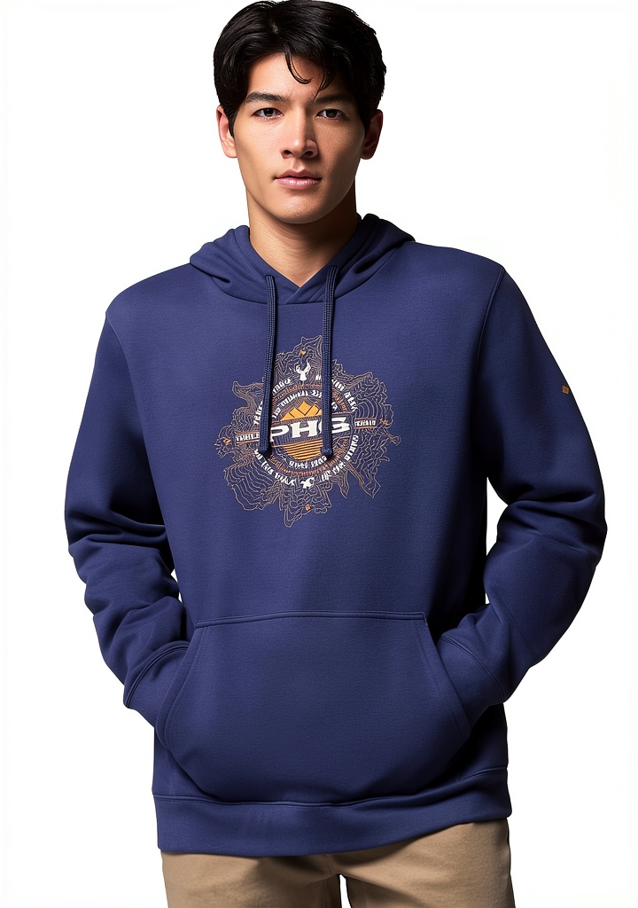 Columbia Performance Hunting Gear Hoodie in Nocturnal/Maple Sugar color on a person outdoors