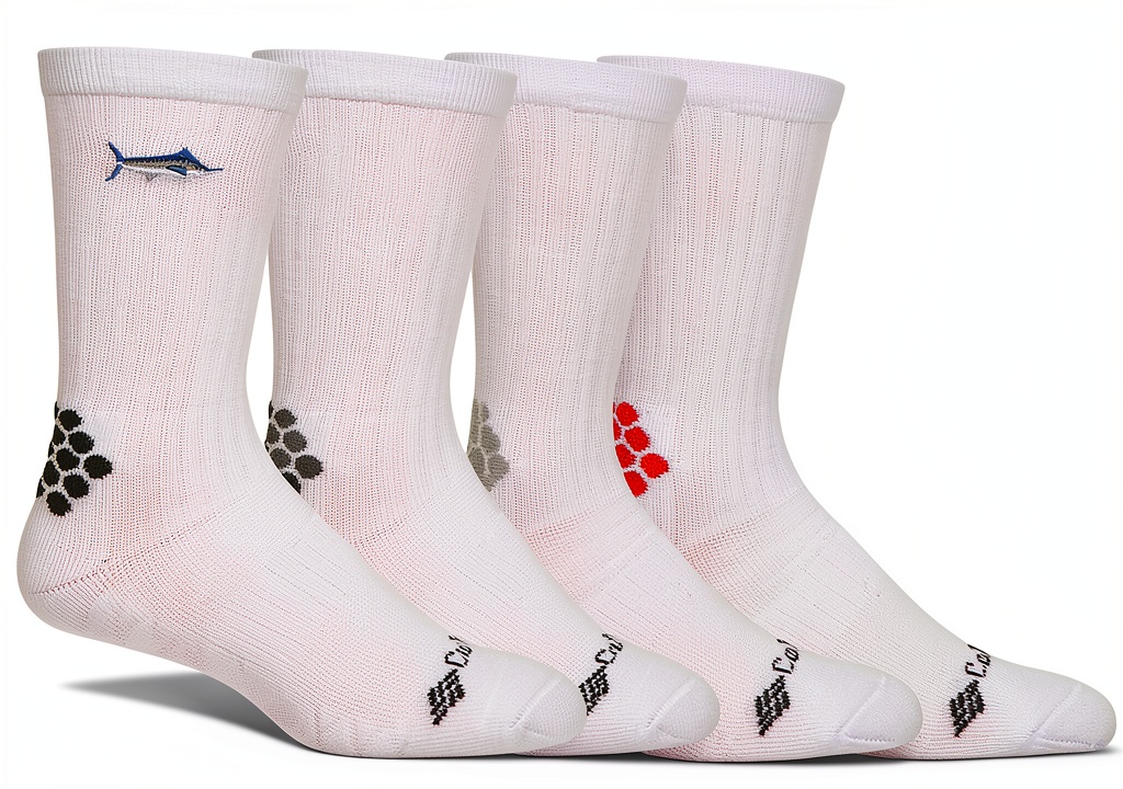 Columbia Performance Fishing Crew Socks showing embroidered fish design and fit
