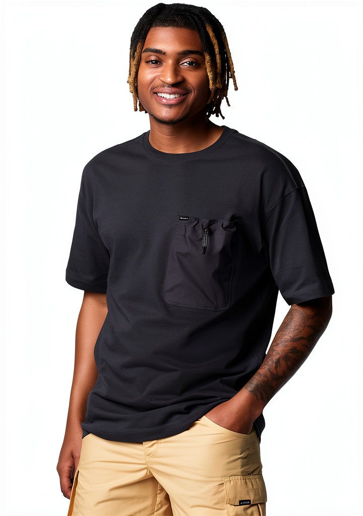 Columbia Mens Cotton Pocket Tee in Light Camel color worn casually