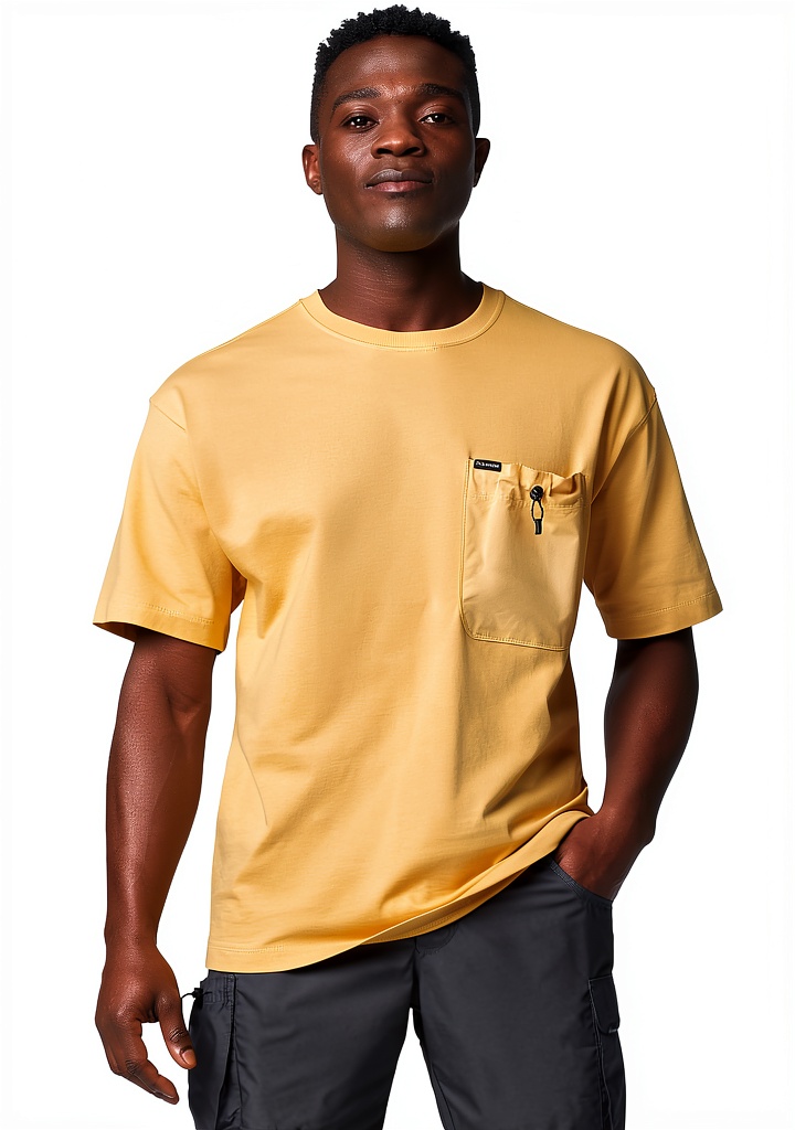 Columbia Mens Cotton Pocket Tee in Light Camel color worn casually