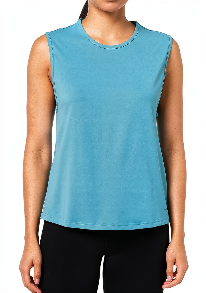Columbia women's tank top in Teal color worn during hiking