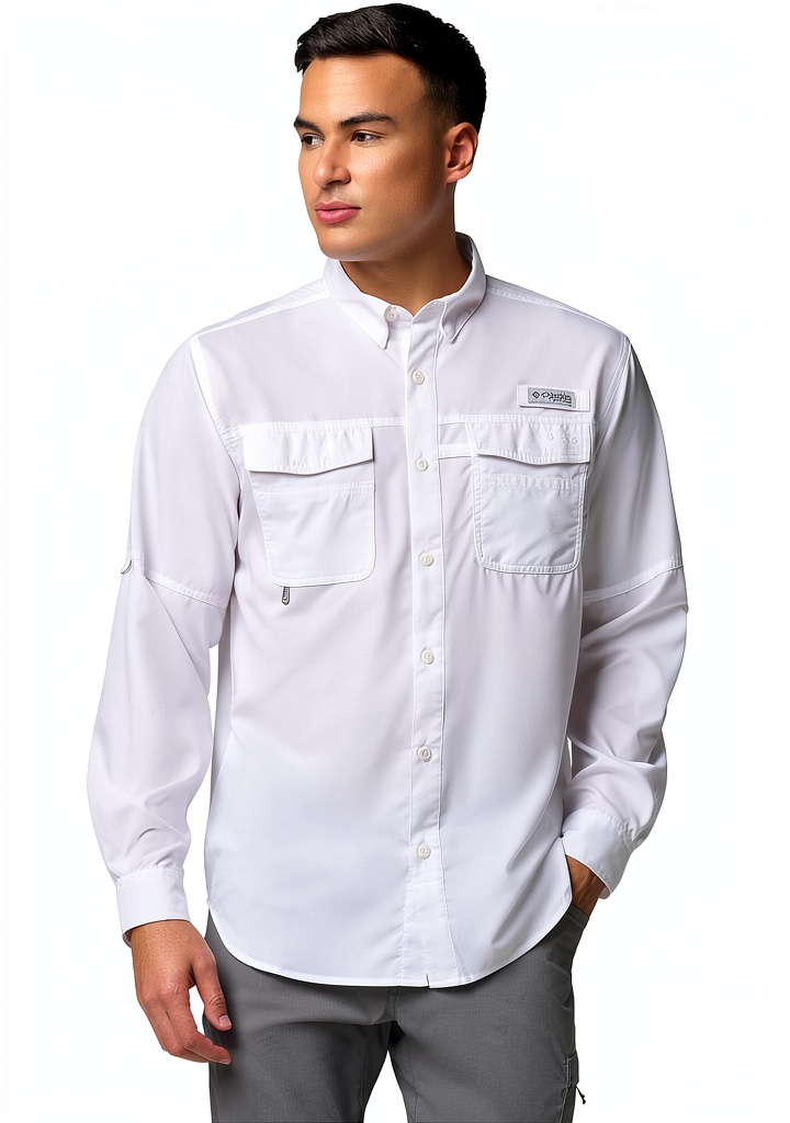 Columbia fishing shirt in Ocean Teal color worn during a fishing trip