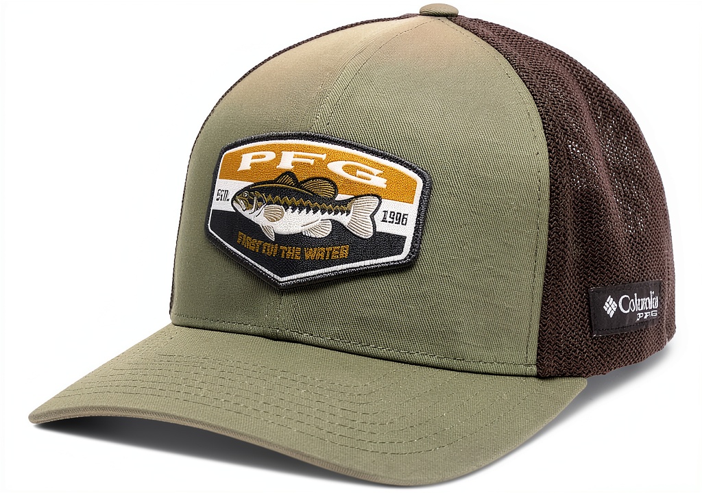 Columbia PFG fishing cap in City Grey color on a fishing dock