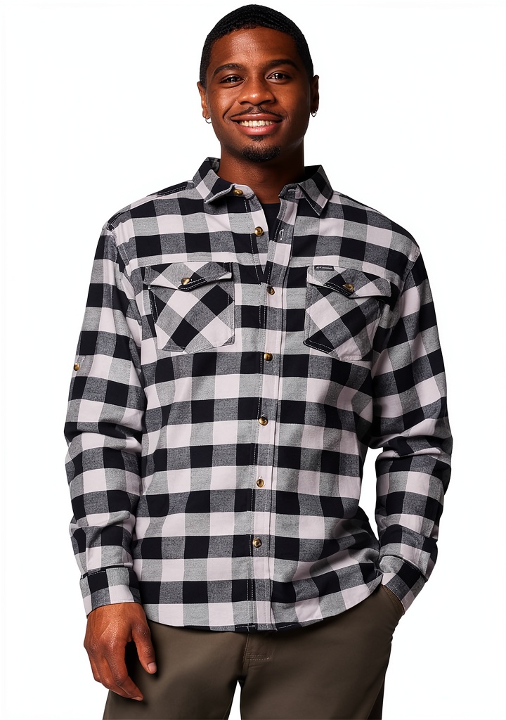 Columbia flannel shirt in buffalo check pattern on a man outdoors
