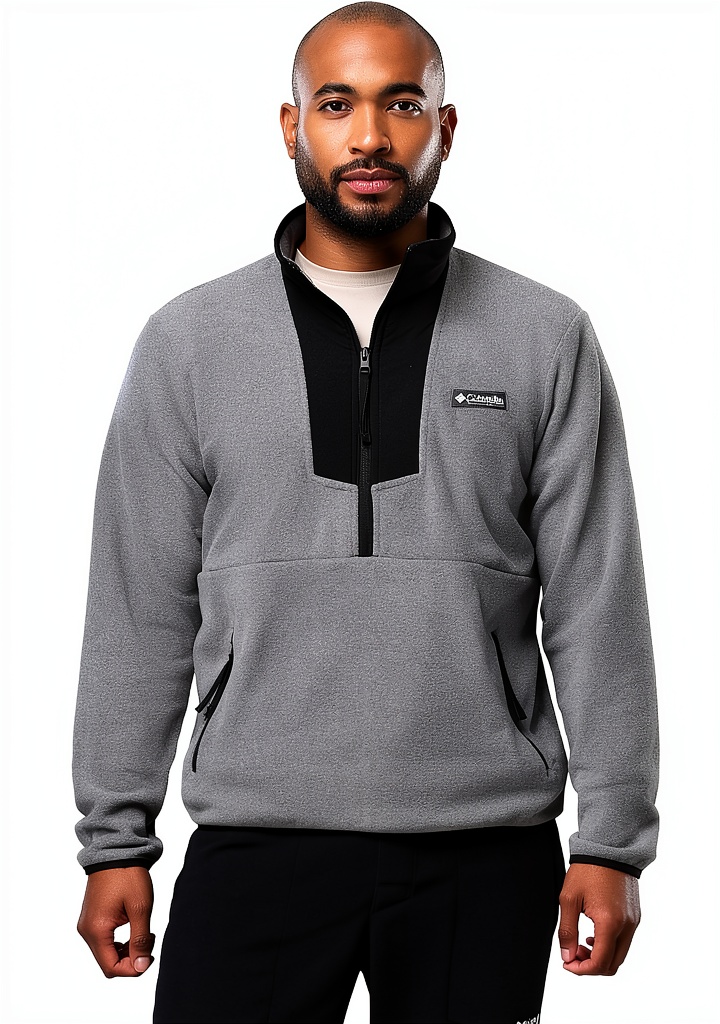 Columbia fleece pullover worn in a casual outdoor setting