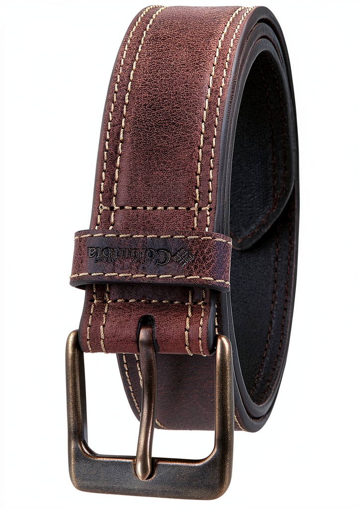 Columbia men's leather belt displayed on a wooden table