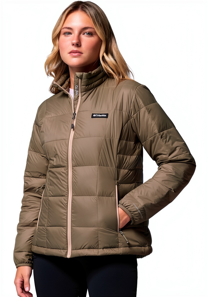 Columbia women's down jacket on a snowy mountain trail